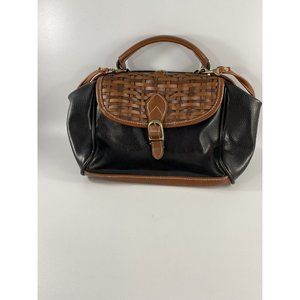 Hato Hasi Leather Handbag, Brown Black. Weaved Leather Flap Snap Closure